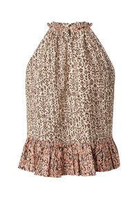 Mouwloos haltertop met bruine geometrische print op beige stof en een gerufflede zoom met een meerkleurenpatroon.