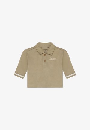 Lichtbeige polo met korte mouwen, een kraag, een knoopsluiting met twee knopen en geborduurde tekst "Pickleball Fun League". Witte strepen op de mouwen.