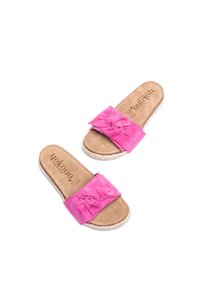Des sandales à glissière en daim rose avec une sangle nouée, une semelle intérieure en cuir beige et une semelle de style espadrille texturée. Logo imprimé sur la semelle intérieure.