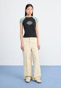 Sort og mintgrøn raglan t-shirt med "Dickies" logo, beige vide bukser og lysegrøn fodtøj på en blå tæppebaggrund.