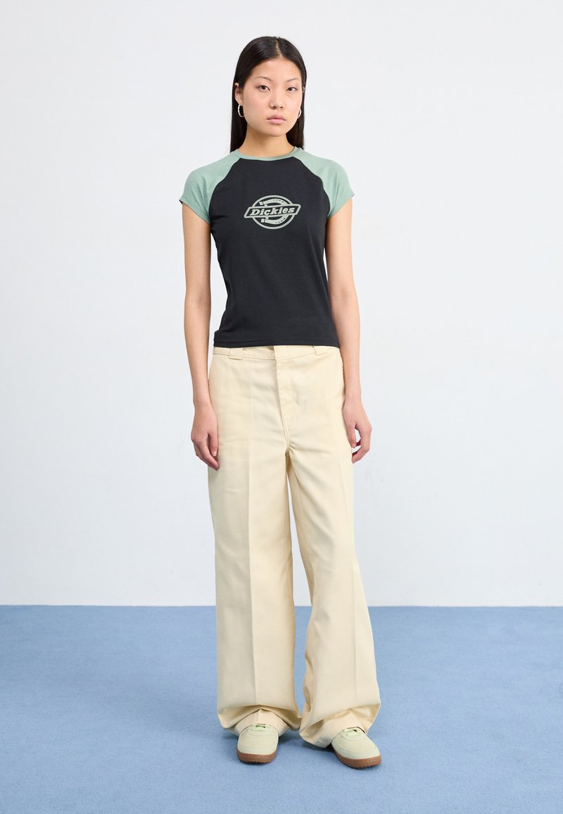 T-shirt raglan noir et vert menthe avec le logo "Dickies", pantalon beige à jambes larges et chaussures vert clair sur un fond de moquette bleue.