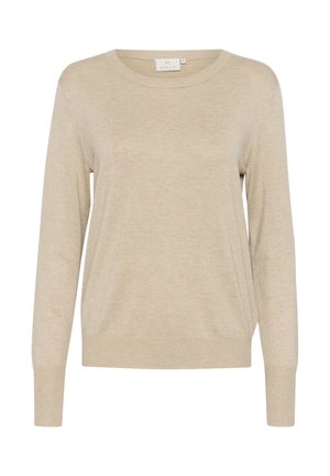 Beige dlouhý svetr s dlouhými rukávy vyrobený z měkké látky, s kulatým výstřihem a žebrovanými manžetami, s volným střihem a bez viditelných vzorů.