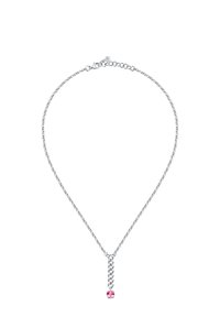 Collana in argento con design a maglie, con una goccia di pietra rosa che accentua il pendente. Texture liscia con finitura lucida.