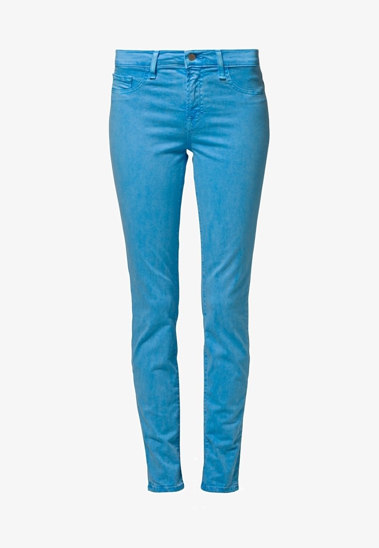 Svetle modré skinny džíny vyrobené z denimu, s klasickým pětikapsovým designem a jedním kovovým zapínáním na knoflík v pase.