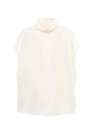 Ärmellose cremefarbene Bluse mit hohem Kragen, glattem Satinmaterial, leicht oversized Passform und geschwungener Saumlinie. Keine sichtbaren Verschlüsse.