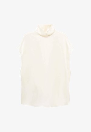 Bela brezrokavna bluzica z visokim ovratnikom, gladka satenska tekstura, rahlo velikodušen kroj in ukrivljen rob. Brez vidnih zaponk.