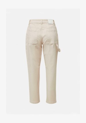 Light beige pants with a straight fit, featuring two back pockets and a side pocket, made from a soft fabric with a smooth texture.