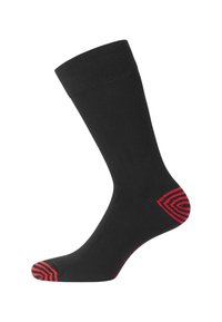 Chaussette en coton noir avec bord côtelé. Présente un motif rayé rouge au niveau des orteils et du talon. Texture lisse, forme de chaussette standard.