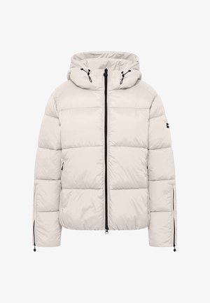 Jasno beżowa kurtka puchowa z kapturem, zamkiem z przodu i bocznymi kieszeniami, z pikowanym wzorem i elastycznymi mankietami dla lepszego dopasowania.