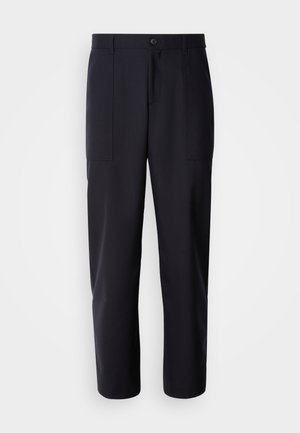 Pantaloni navy scuri realizzati in tessuto liscio, con una vestibilità dritta, due tasche laterali e chiusura con bottone in vita.