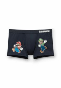 Námořnické modré boxerky s grafickými potisky dvou postaviček na přední straně. Vlastnosti zahrnují elastický pás a měkký bavlněný materiál.