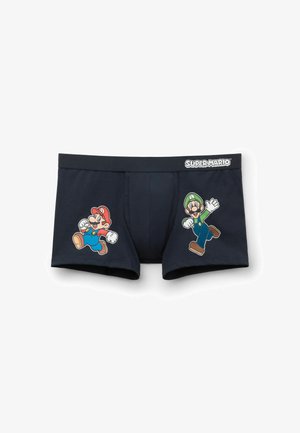 Navy blue boxer briefs with graphic prints of two characters on the front. Features an elastic waistband and soft cotton material.