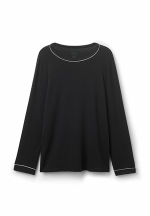 Svart långärmad topp i mjukt tyg med rund halsringning. Har vita kantband längs halsringningen och ärmsluten.