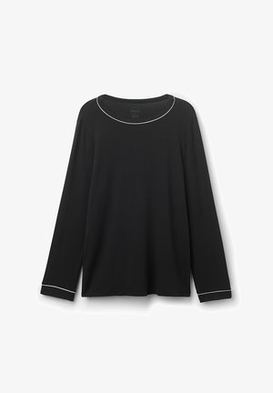 Svart långärmad topp i mjukt tyg med rund halsringning. Har vita kantband längs halsringningen och ärmsluten.