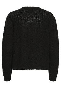 Schwarzer gestrickter Pullover mit einem lockeren, strukturierten Muster, langen Ärmeln und gerippten Bündchen. Der Rücken hat ein leicht offenes Webdesign.