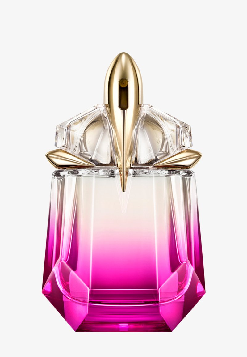 Roze-naar-doorzichtige glazen parfumfles met een gouden verstuiver in de vorm van een vogel en kristallen vleugelachtige accenten bovenop.