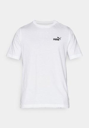 Valge puuvillane T-särk lühikeste varrukatega, ümmarguse kaelusega, millel on vasakul rinnal väike must Puma logo. Lihtne disain ja sile tekstuur.