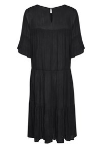 Robe noire à manches courtes en tissu léger, arborant un design à étages, un col rond et une ouverture en trou de serrure dans le dos.