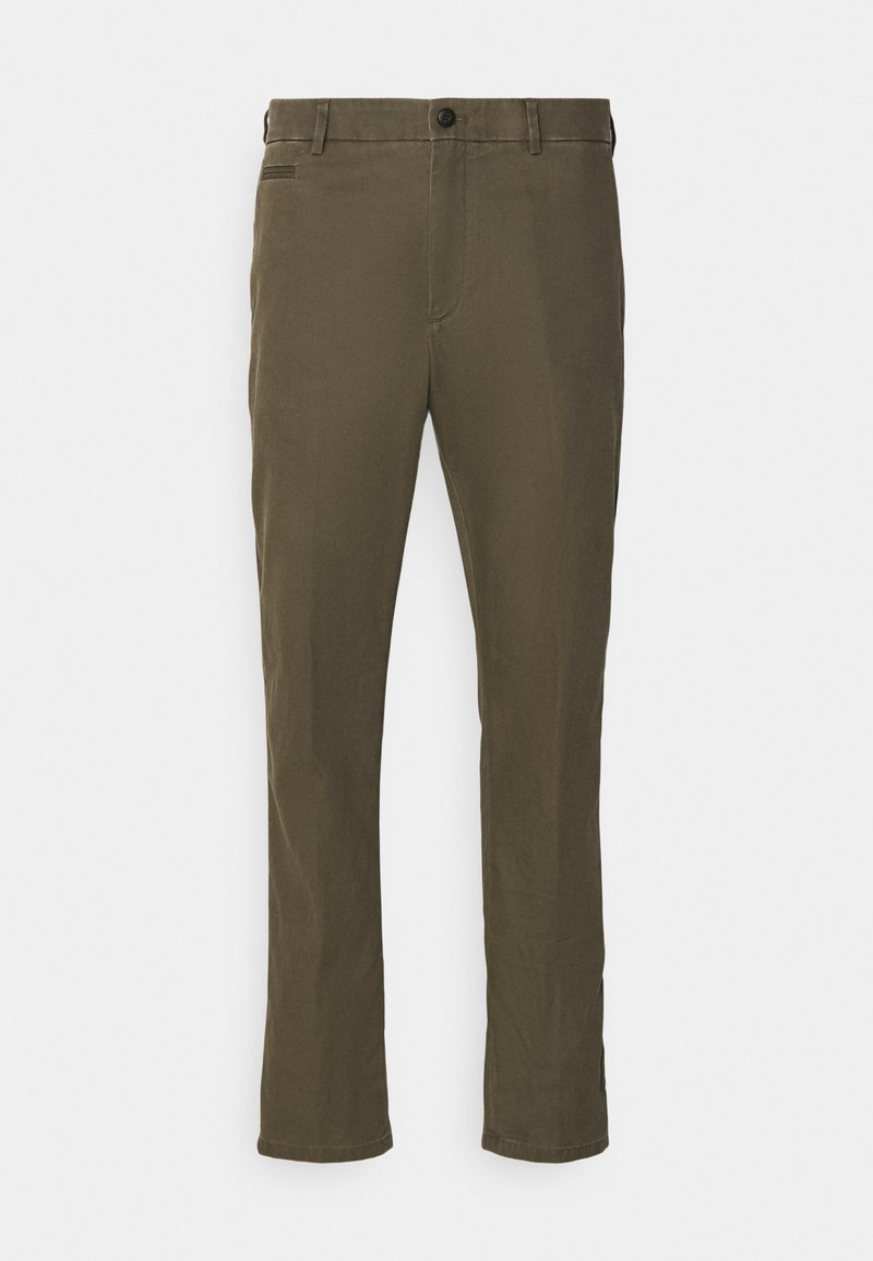 Khaki broek van katoen met een rechte snit, voorzien van een sluiting met een frontknop en zijzakken. Gladde textuur, minimale stiksels.