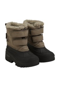 Bruine suède winterlaarzen met een pluche fleece voering, rubberen zolen en drie verstelbare klittenbandsluitingen voor een veilige pasvorm.