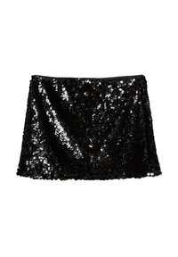 Gonna nera con paillettes, dal superficie lucida e testurizzata. Design corto e svasato con una cintura liscia. Paillettes riflettenti che ricoprono l'intero tessuto.