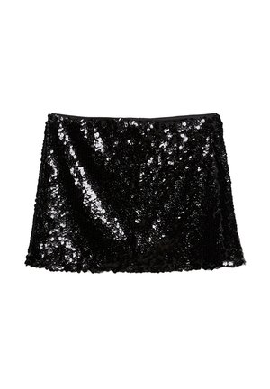 Zwarte paillettenrok met een glanzend, textuur oppervlak. Korte, uitlopende snit met een soepele tailleband. Reflecterende pailletten bedekken de hele stof.