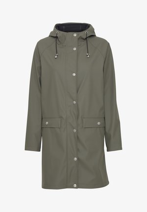 Olīvu zaļš ūdensnecaurlaidīgs mēteli ar kapuci, priekšējiem pogām, divām priekšējām kabatām un regulējamu siksnu pielāgošanai. Gluda tekstūra.