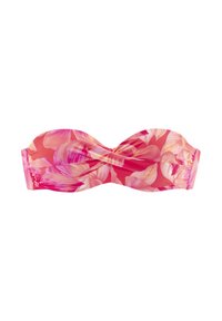 Bandeau bikini tops ar ziedu rakstu rozā un korāļu toņos, izgatavoti no gludas auduma ar izgrieztu priekšpusi.