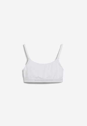 Witte katoenen bralette met dunne banden, een ronde halslijn en een geplooid oppervlak. Bevat een zachte tailleband met een logo-detail.