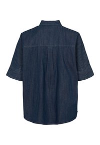 Donkerblauw denim overhemd met korte mouwen, kraag en plooidetail aan de achterkant. Zachte textuur, rechte snit en afgeronde zoom.