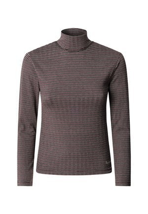 Langsleeve turtleneck shirt met dunne horizontale strepen in zwart, wit en bordeaux op een effen achtergrond.
