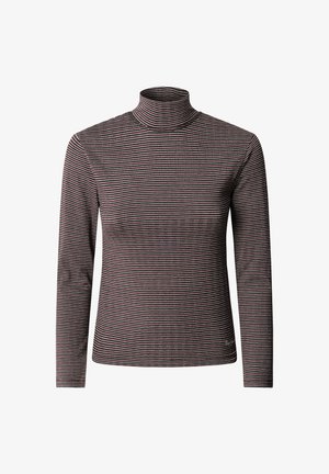 Langarm-Turtleneck-Shirt mit feinen horizontalen Streifen in Schwarz, Weiß und Bordeaux auf einem einfarbigen Hintergrund.
