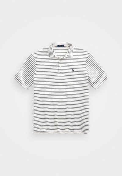 Kortermet polo skjorte i hvit med marineblå horisontale striper, med en placket med tre knapper og brodert logo på brystet. Mykt stoff.