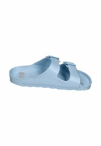 Blue plastic slide sandal featuring two adjustable straps, open design, textured sole for grip, and smooth finish for comfort.