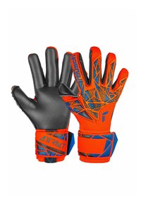 Goalkeeper gloves with black latex palms and bright orange textile backs. Features blue geometric patterns and velcro wrist closures.