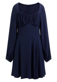 Granatowa sukienka z długimi bufkami, kwadratowym dekoltem, marszczonym biustem, guzikami z przodu i rozkloszowanym dołem. Wykonana z gładkiego materiału.