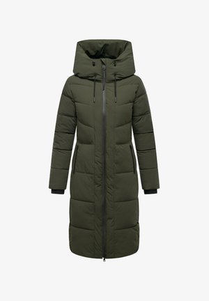 Garšs olīvu zaļas krāsas pūkains mētelis ar kapuci, priekšējais zibspuldzes aizdare, divas sānu kabatas un melni akcenti pie aprocēm. Aizsargājošs dizains.