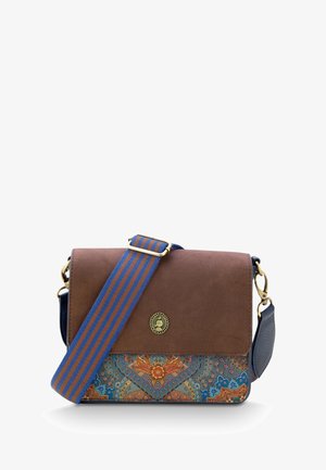 Brown suede crossbody bag with colorful patterned lower section, blue and orange striped strap, gold hardware, and a round logo detail.