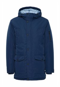Navy blue padded jacket with a hood, featuring snap buttons, two front pockets, and a zippered pocket on the left sleeve. Quilted lining.