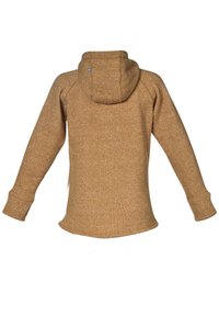 Brun, texturerad hoodie med en känguruficka, huva i tre delar och ribbade muddar. Har en liten logotyp ovanför nacken.