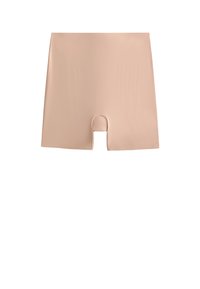 Beige shapewear shorts met een gladde textuur, hoog in de taille, en een ronde uitsparing in het midden voor comfort en gemak.