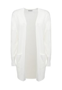 Witte lange cardigan van zacht stof, met een open voorkant, lange mouwen en twee voorzakken. Minimalistisch ontwerp zonder patronen.