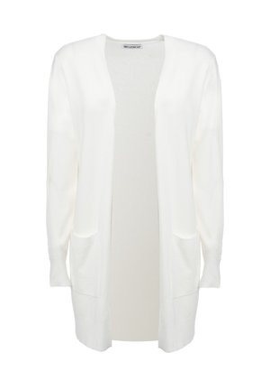 Langer weißer Cardigan aus weichem Stoff, mit offenem Vorderteil, langen Ärmeln und zwei Fronttaschen. Minimalistisches Design ohne Muster.