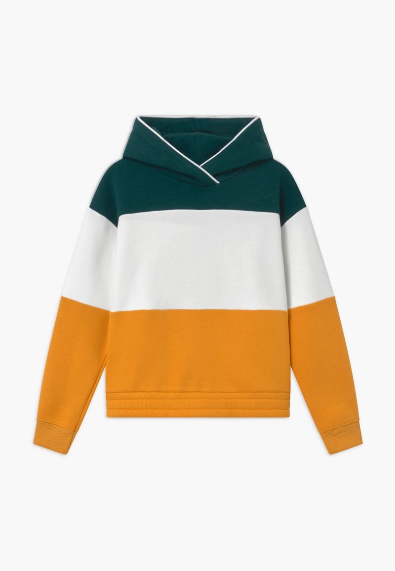Sweat à capuche avec blocs de couleur en vert foncé, blanc et jaune moutarde, doté de manches longues et de poignets côtelés.