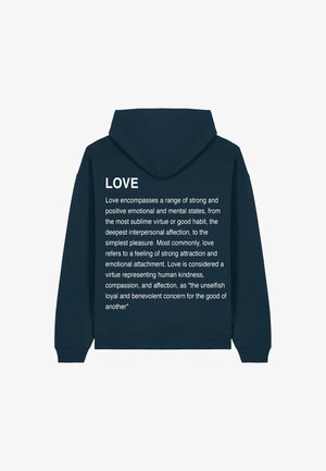Felpa navy con cappuccio e cordino. Presenta una grande scritta bianca sul retro che definisce "amore" in un chiaro font sans-serif.