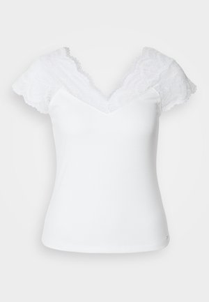 White t-shirt with a deep V-neck, featuring lace short sleeves and a fitted body. Smooth texture with lace detailing along the neckline.