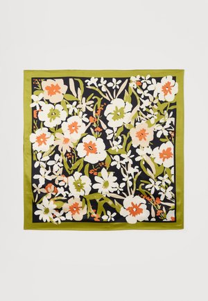 Foulard carré avec bord olive et fond noir, présentant un motif floral blanc et orange avec des feuilles vertes.