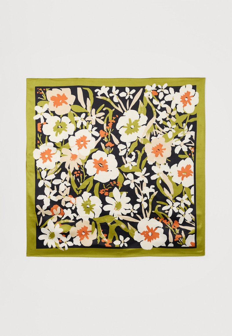 Foulard carré avec bord olive et fond noir, présentant un motif floral blanc et orange avec des feuilles vertes.