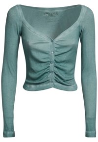 Přiléhavý dlouhý rukáv smaragdově modrý crop top se zpevným předním dílem a patentkami, s hranatým výstřihem a jemně žebrovanou texturou.