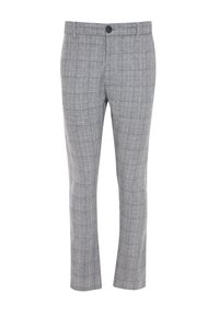 Grijze ruit slim-fit broek met riemlussen, voorste knoop en ritssluiting, weergegeven tegen een witte achtergrond.